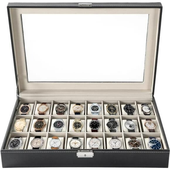 Watch Display Case 24 Slot Glass Top Organizer Faux Leather Jewelry Storage - Picture 1 of 7